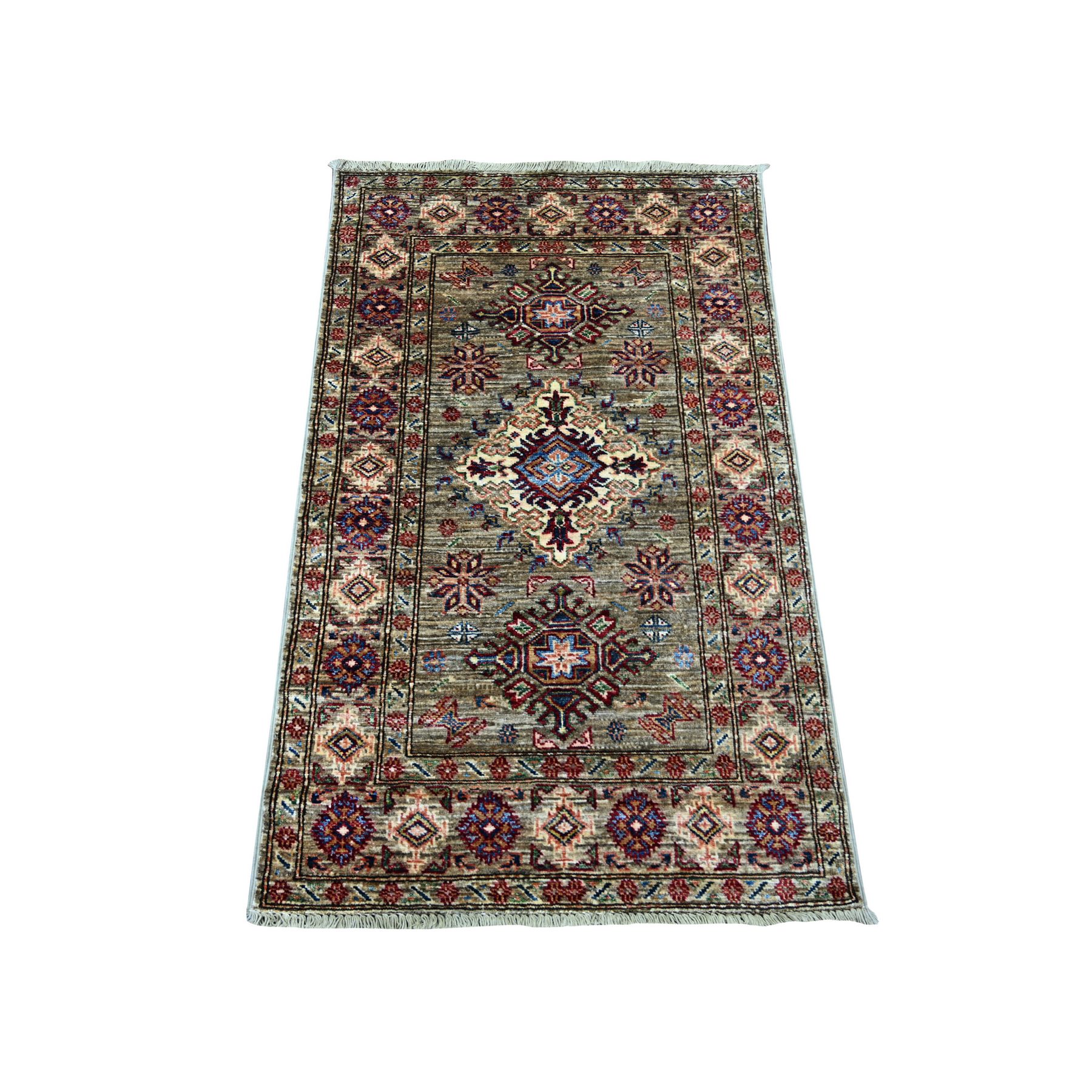 2'7"x4'1" Stone Gray, Pure Wool, Afghan Super Kazak with Geometric Medallions Design, Hand Knotted, Vegetable Dyes,  Sample, Mat, Oriental Rug 